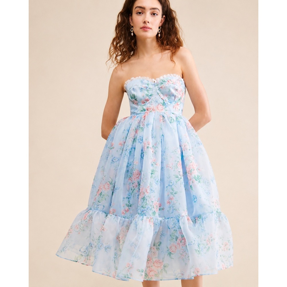 Selkie Blue Floral Strapless Puff Dress Sweetheart Bustier Tiered Organza Midi